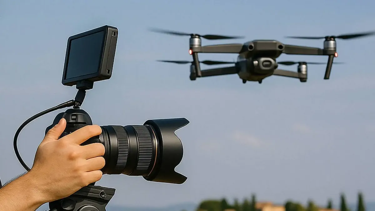Professionista mentre gira un video promozionale con attrezzatura e drone