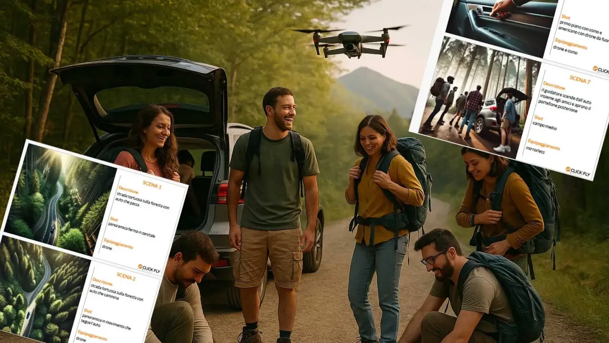 Dallo storyboard il Gruppo di amici durante un'escursione nel bosco che prepara zaini e attrezzatura trekking accanto a un'auto, con drone in volo e paesaggio naturale sullo sfondo